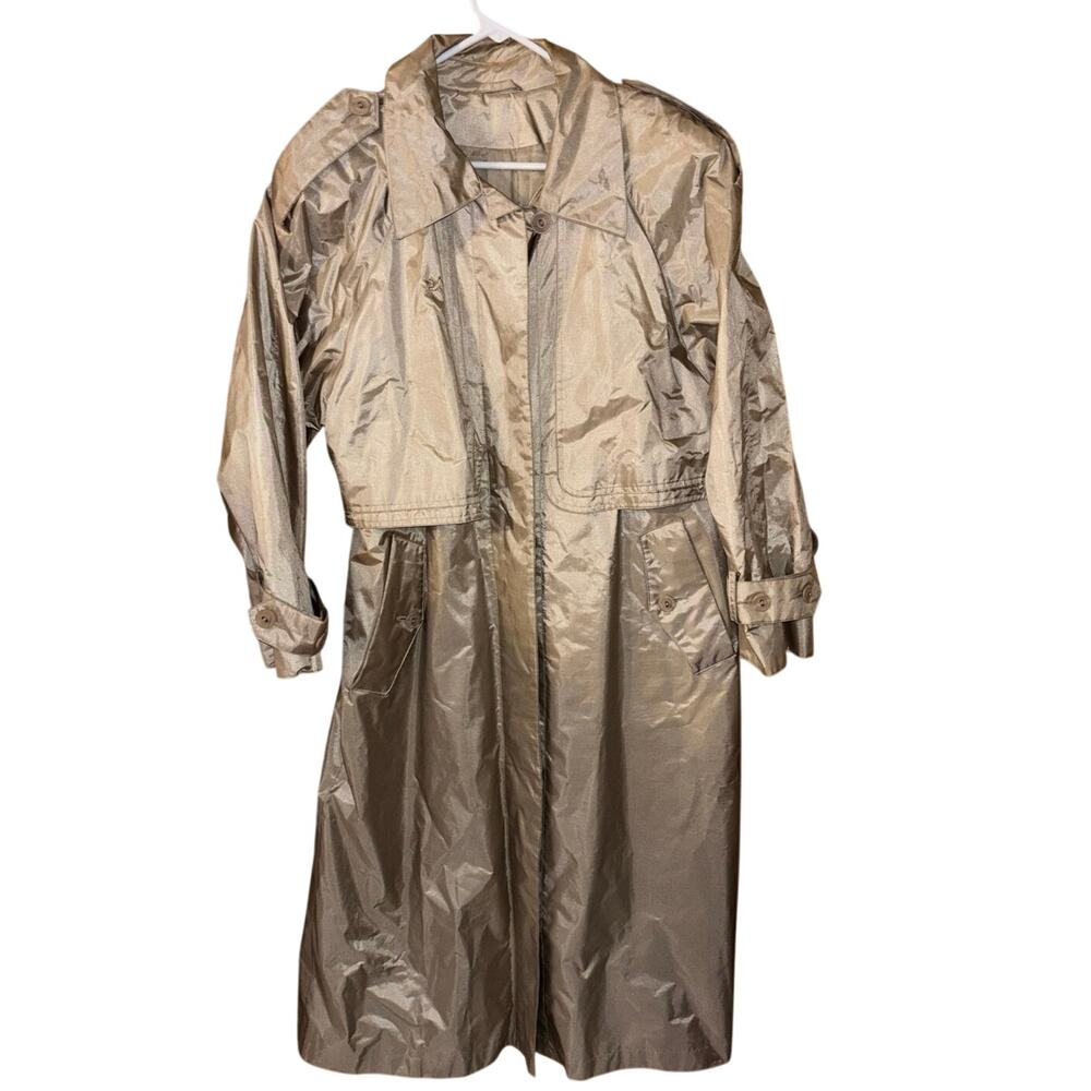 vintage British Mist women’s metallic beige shimmer trench rain coat (size 14P)